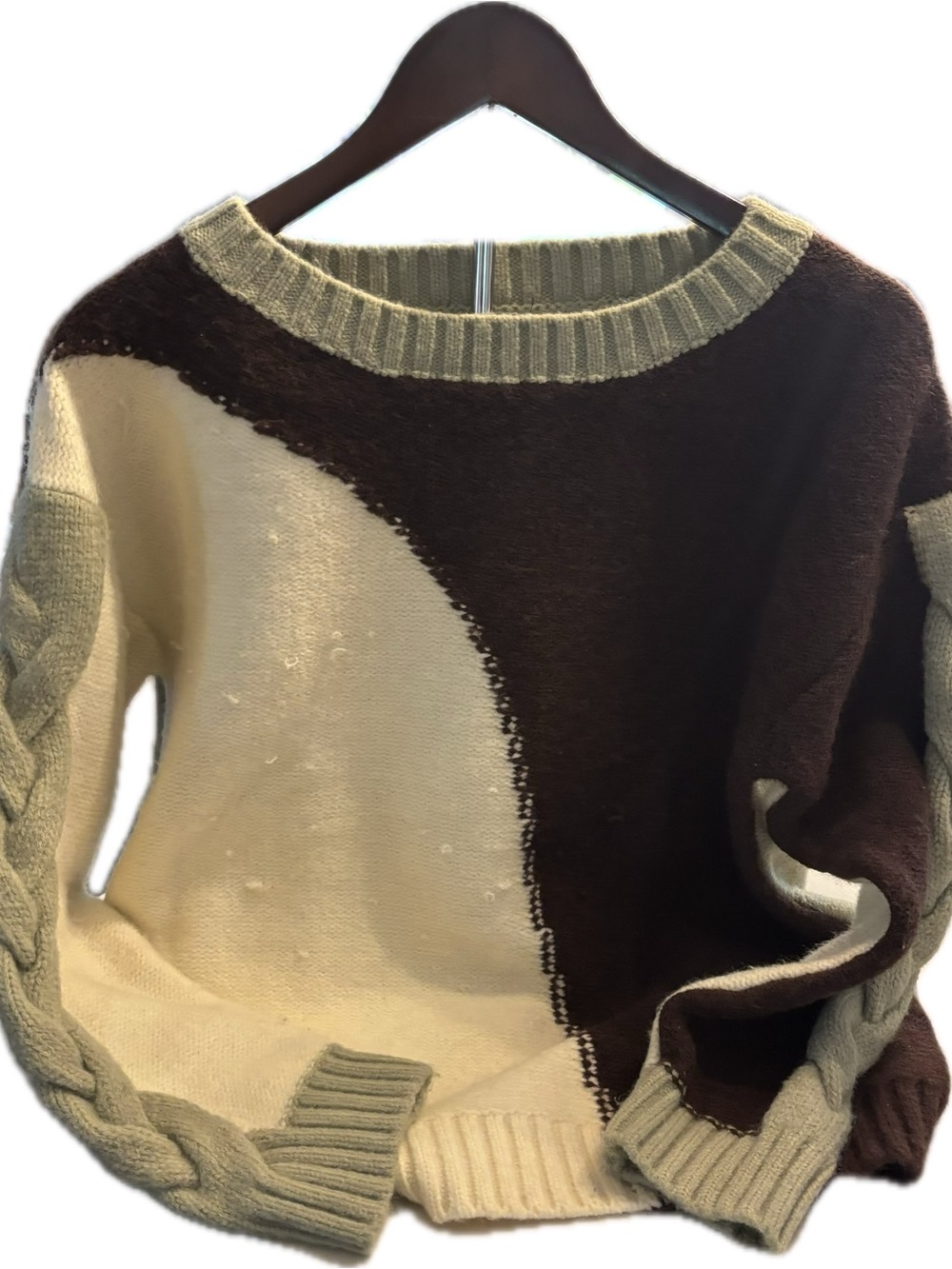 Papermoon Two-Tone Brown and Cream Cable Sleeve Crewneck Sweater
